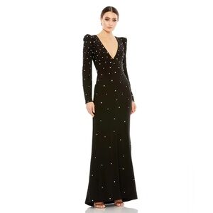 MAC DUGGAL RHINESTONE ENCRUSTED LONG SLEEVE V NECK GOWN
